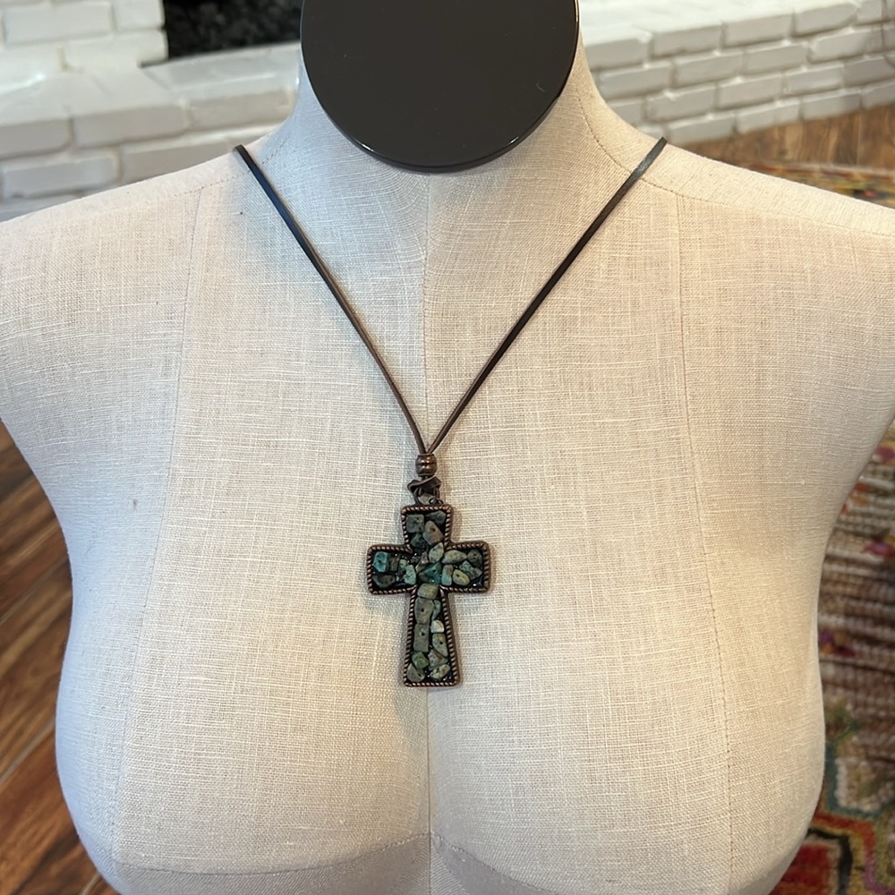 Copper cross with African turquoise accents necklace-The Jewelry Junkie